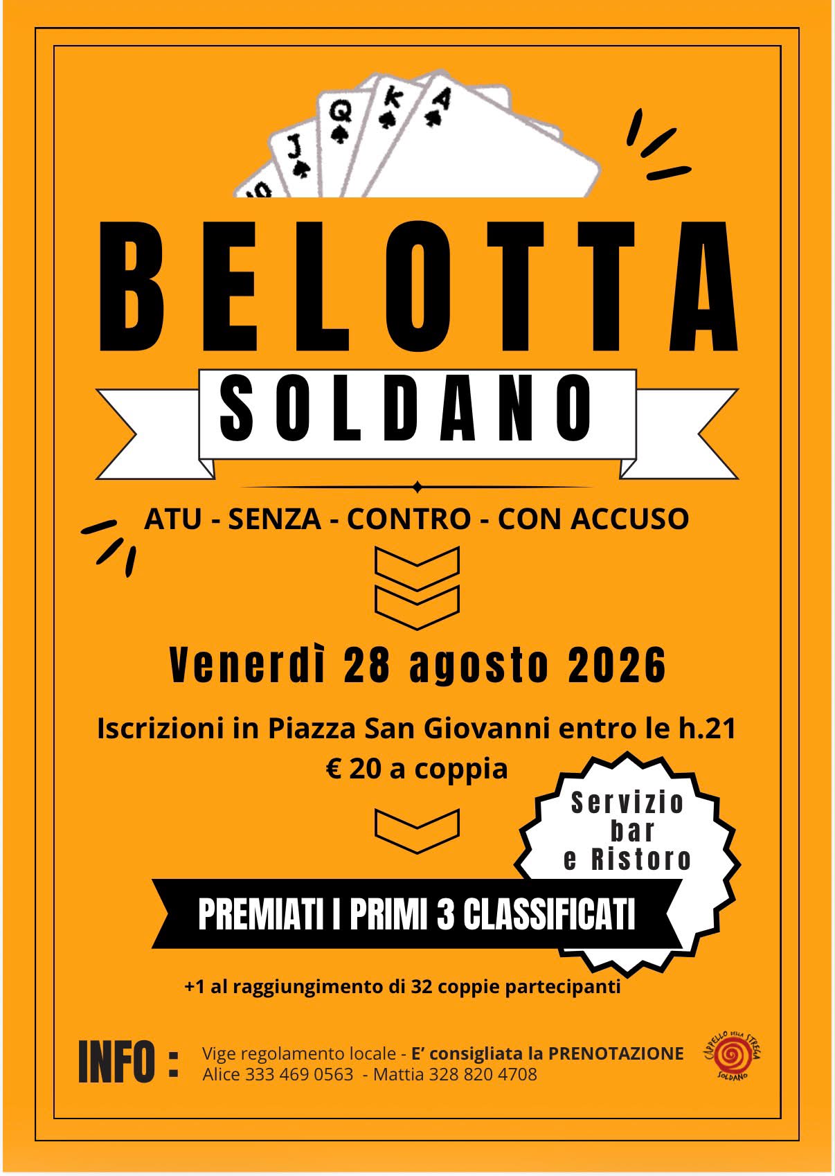 📣 📣 GARA DI BELOTTA 📣 📣 

🕘 VENERDÌ 28 AGOSTO
Iscrizioni entro le h.21 - (2